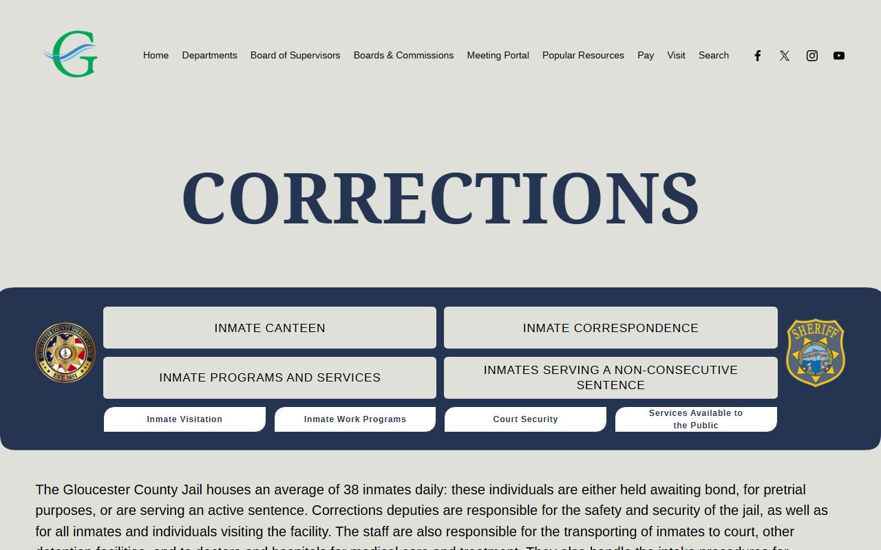 Gloucester County Jail corrections page with inmate service and jail record information