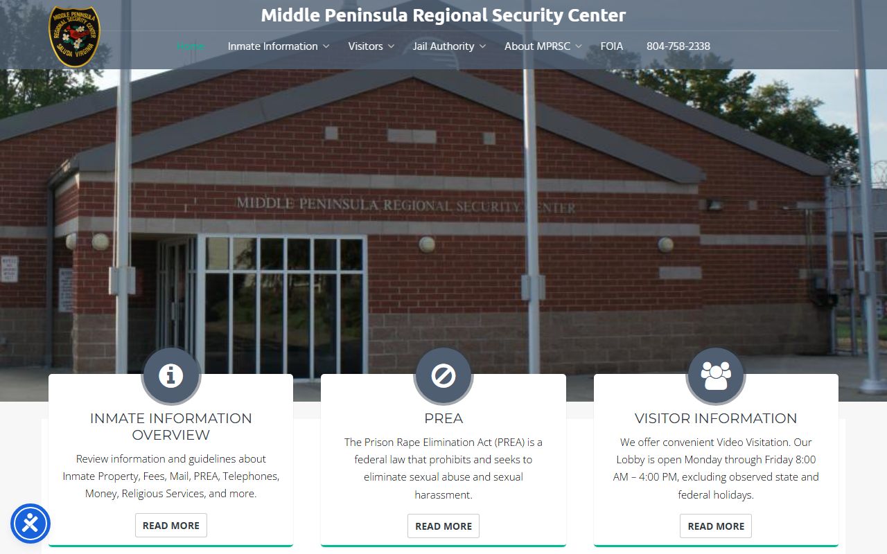 Middle Peninsula Regional Security Center homepage with facility capacity and inmate custody information