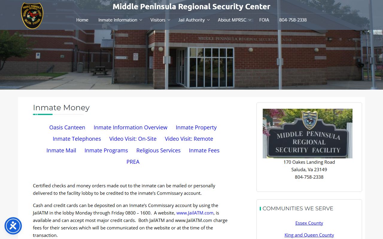 Middle Peninsula Regional Security Center inmate money page with JailATM and money order options