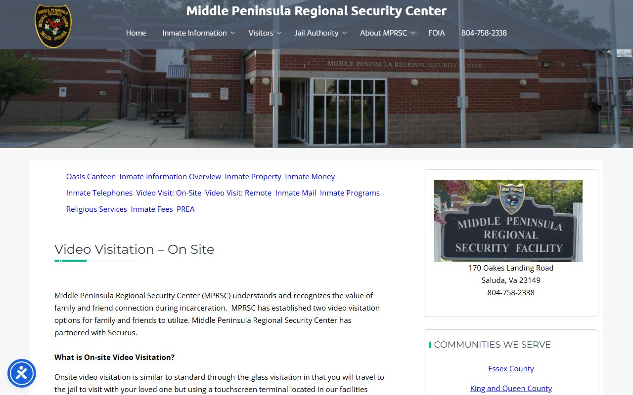 Middle Peninsula Regional Security Center Securus on-site video visitation instructions for inmates
