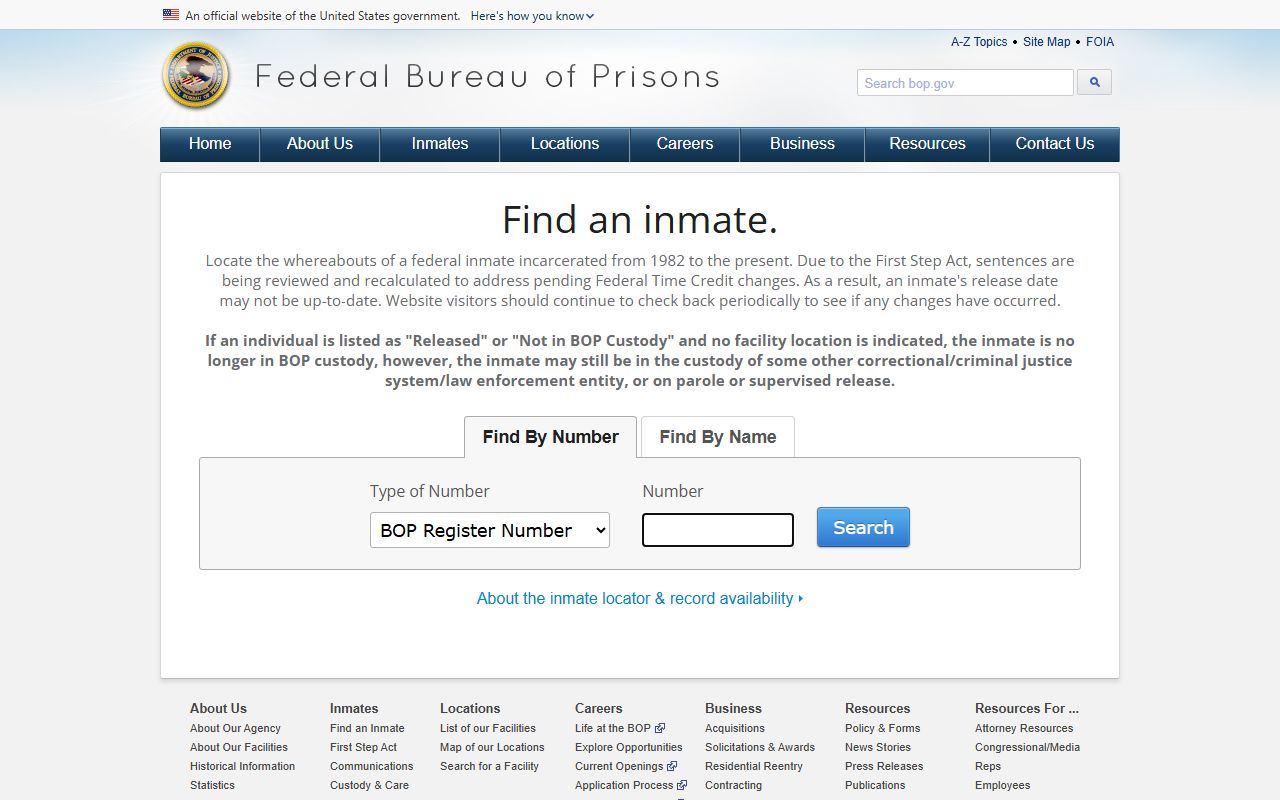 Federal Bureau of Prisons inmate locator with search fields