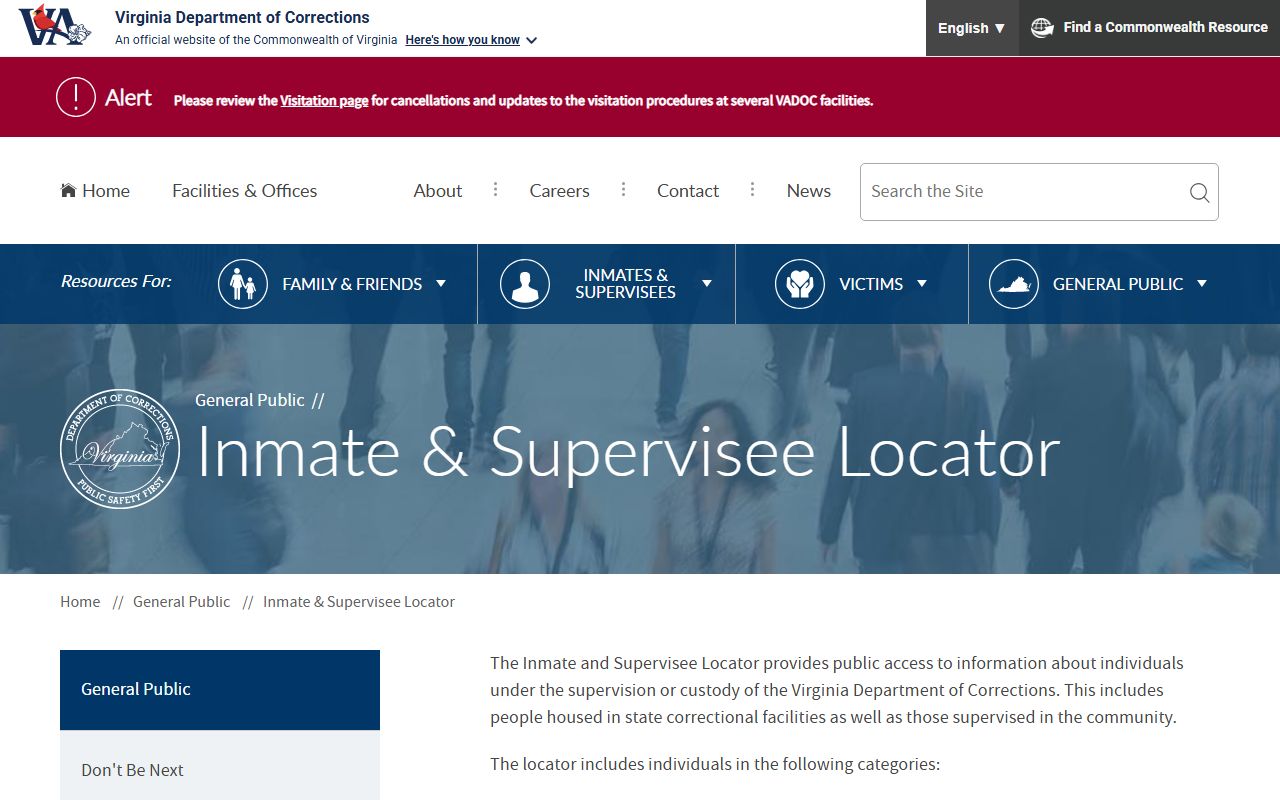 Virginia Department of Corrections inmate and supervisee locator search interface